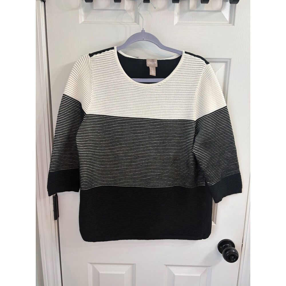 Chico's Ombre Colorblock Fall Black White Sweater Cardigan Size 1 Medium